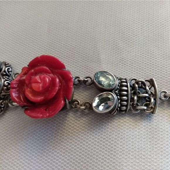VINTAGE 925 Silver Bracelet with 10 TOPAZ and 3 Red Roses Toggle Closure - Picture 10 of 13